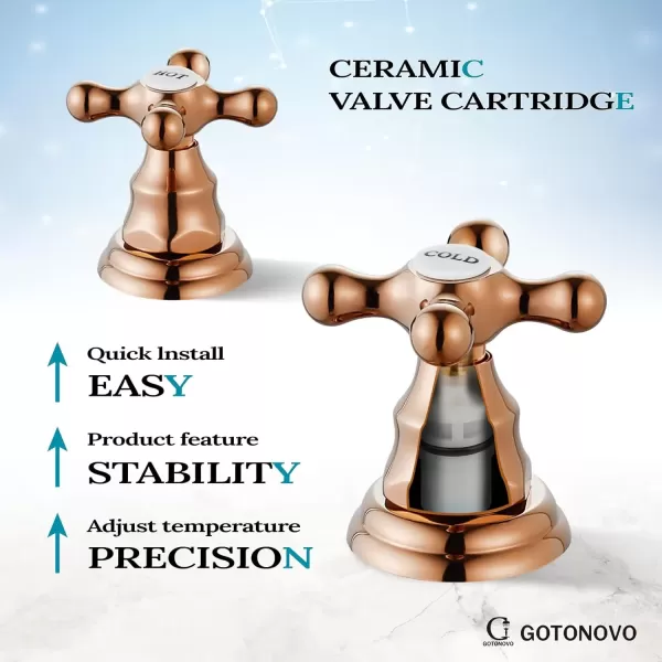 imagegotonovo Matte Black 3 Hole Bathroom Faucet 2 Cross Handles 8 Inch Widespread Bathroom Sink Faucet Deck Mount Vintage Mixer Tap with Supply Hoses and Pop Up DrainRose Gold