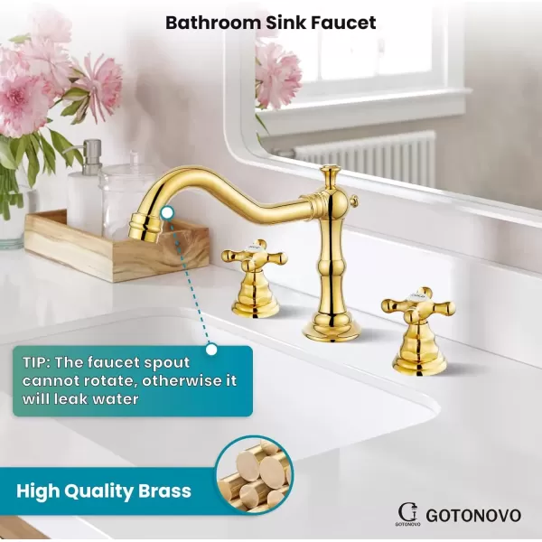 imagegotonovo Matte Black 3 Hole Bathroom Faucet 2 Cross Handles 8 Inch Widespread Bathroom Sink Faucet Deck Mount Vintage Mixer Tap with Supply Hoses and Pop Up DrainPolish Gold