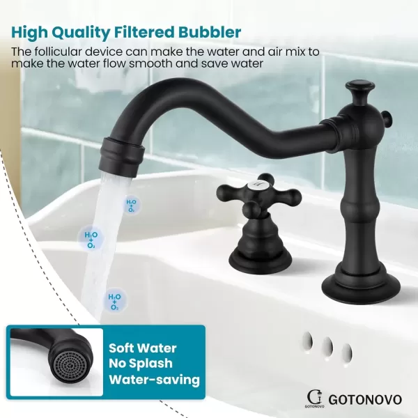 imagegotonovo Matte Black 3 Hole Bathroom Faucet 2 Cross Handles 8 Inch Widespread Bathroom Sink Faucet Deck Mount Vintage Mixer Tap with Supply Hoses and Pop Up DrainMatte Black