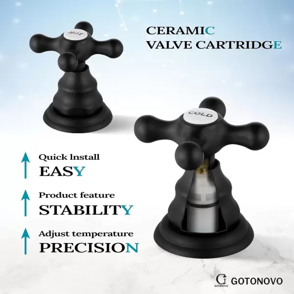 imagegotonovo Matte Black 3 Hole Bathroom Faucet 2 Cross Handles 8 Inch Widespread Bathroom Sink Faucet Deck Mount Vintage Mixer Tap with Supply Hoses and Pop Up DrainMatte Black
