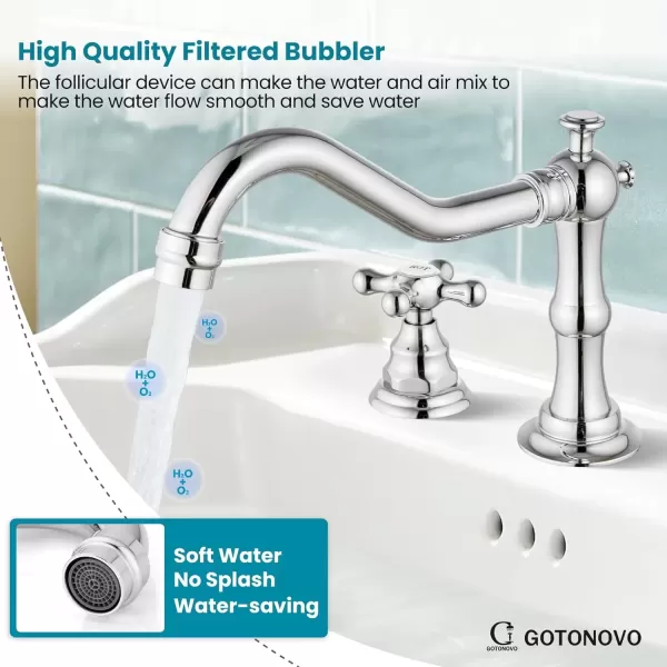 imagegotonovo Matte Black 3 Hole Bathroom Faucet 2 Cross Handles 8 Inch Widespread Bathroom Sink Faucet Deck Mount Vintage Mixer Tap with Supply Hoses and Pop Up DrainPolish Chrome