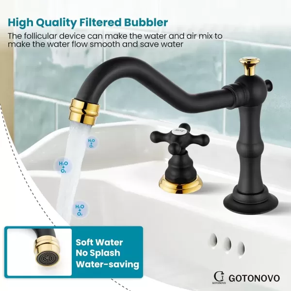 imagegotonovo Matte Black 3 Hole Bathroom Faucet 2 Cross Handles 8 Inch Widespread Bathroom Sink Faucet Deck Mount Vintage Mixer Tap with Supply Hoses and Pop Up DrainMatte Black and Polish Gold