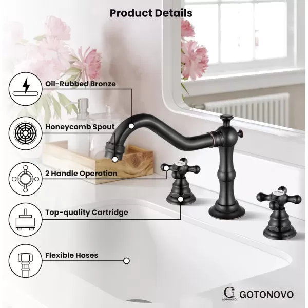 imagegotonovo Matte Black 3 Hole Bathroom Faucet 2 Cross Handles 8 Inch Widespread Bathroom Sink Faucet Deck Mount Vintage Mixer Tap with Supply Hoses and Pop Up DrainOil Rubbed Bronze