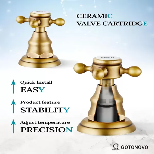 imagegotonovo Matte Black 3 Hole Bathroom Faucet 2 Cross Handles 8 Inch Widespread Bathroom Sink Faucet Deck Mount Vintage Mixer Tap with Supply Hoses and Pop Up DrainAntique Brass