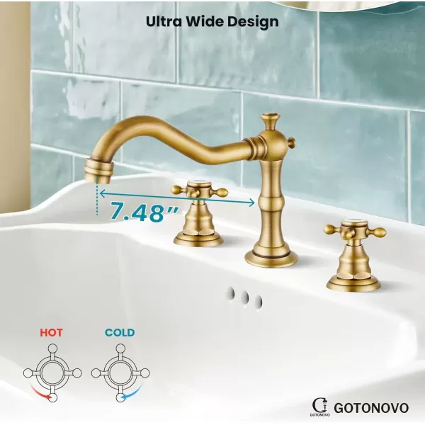 imagegotonovo Matte Black 3 Hole Bathroom Faucet 2 Cross Handles 8 Inch Widespread Bathroom Sink Faucet Deck Mount Vintage Mixer Tap with Supply Hoses and Pop Up DrainAntique Brass