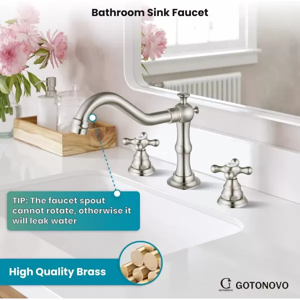imagegotonovo Matte Black 3 Hole Bathroom Faucet 2 Cross Handles 8 Inch Widespread Bathroom Sink Faucet Deck Mount Vintage Mixer Tap with Supply Hoses and Pop Up DrainBrushed Nickel