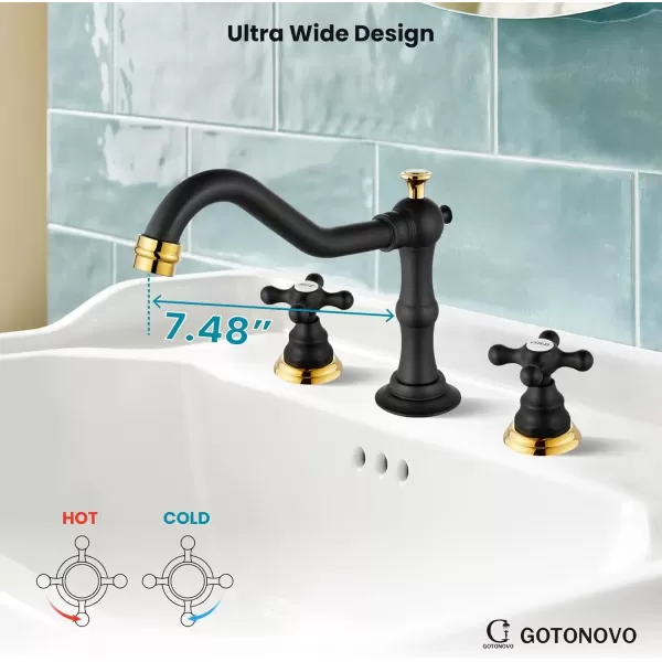 imagegotonovo Matte Black 3 Hole Bathroom Faucet 2 Cross Handles 8 Inch Widespread Bathroom Sink Faucet Deck Mount Vintage Mixer Tap with Supply Hoses and Pop Up DrainMatte Black and Polish Gold