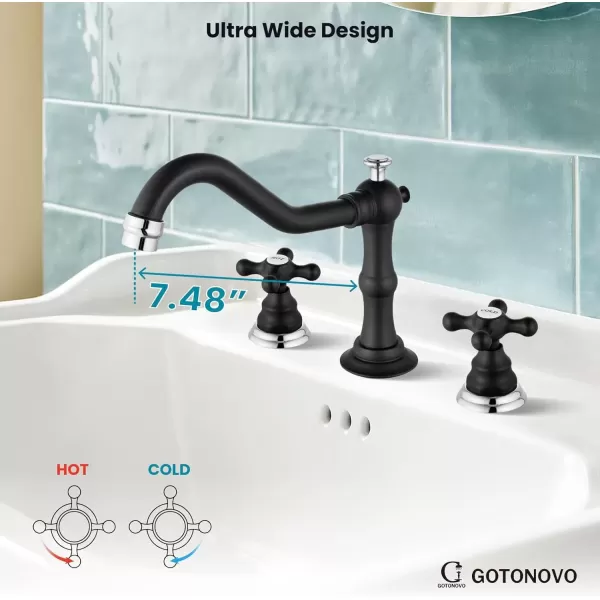 imagegotonovo Matte Black 3 Hole Bathroom Faucet 2 Cross Handles 8 Inch Widespread Bathroom Sink Faucet Deck Mount Vintage Mixer Tap with Supply Hoses and Pop Up DrainMatte Black and Polish Chrome