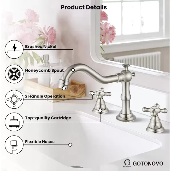 imagegotonovo Matte Black 3 Hole Bathroom Faucet 2 Cross Handles 8 Inch Widespread Bathroom Sink Faucet Deck Mount Vintage Mixer Tap with Supply Hoses and Pop Up DrainBrushed Nickel