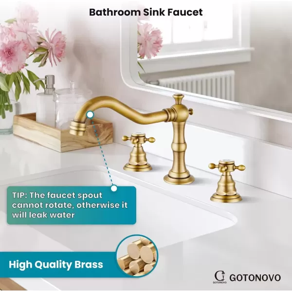 imagegotonovo Matte Black 3 Hole Bathroom Faucet 2 Cross Handles 8 Inch Widespread Bathroom Sink Faucet Deck Mount Vintage Mixer Tap with Supply Hoses and Pop Up DrainAntique Brass
