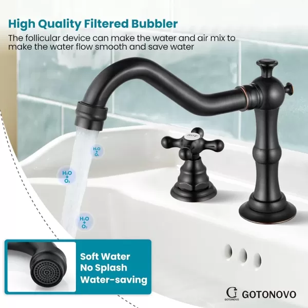 imagegotonovo Matte Black 3 Hole Bathroom Faucet 2 Cross Handles 8 Inch Widespread Bathroom Sink Faucet Deck Mount Vintage Mixer Tap with Supply Hoses and Pop Up DrainOil Rubbed Bronze