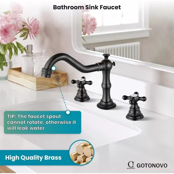 imagegotonovo Matte Black 3 Hole Bathroom Faucet 2 Cross Handles 8 Inch Widespread Bathroom Sink Faucet Deck Mount Vintage Mixer Tap with Supply Hoses and Pop Up DrainOil Rubbed Bronze