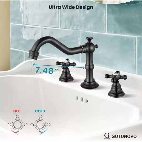 imagegotonovo Matte Black 3 Hole Bathroom Faucet 2 Cross Handles 8 Inch Widespread Bathroom Sink Faucet Deck Mount Vintage Mixer Tap with Supply Hoses and Pop Up DrainOil Rubbed Bronze