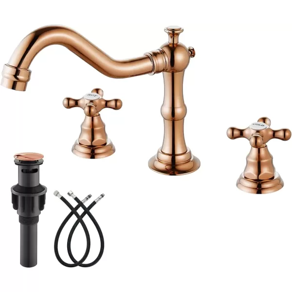 imagegotonovo Matte Black 3 Hole Bathroom Faucet 2 Cross Handles 8 Inch Widespread Bathroom Sink Faucet Deck Mount Vintage Mixer Tap with Supply Hoses and Pop Up DrainRose Gold