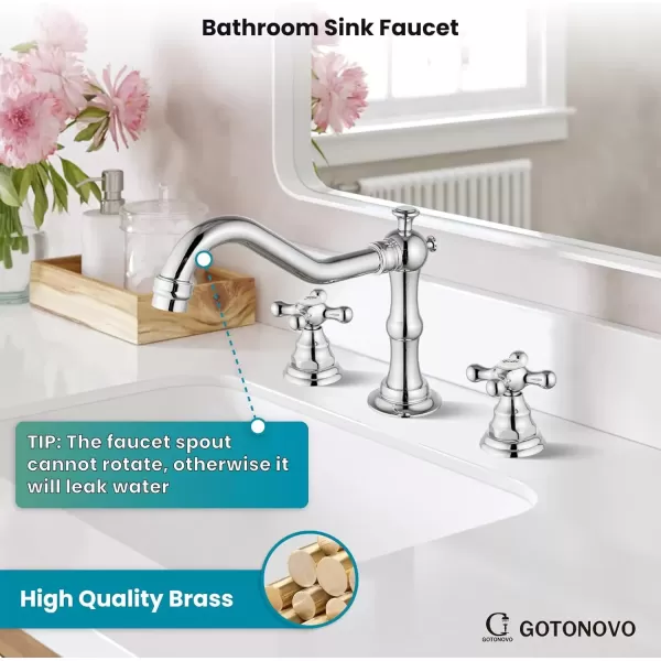 imagegotonovo Matte Black 3 Hole Bathroom Faucet 2 Cross Handles 8 Inch Widespread Bathroom Sink Faucet Deck Mount Vintage Mixer Tap with Supply Hoses and Pop Up DrainPolish Chrome