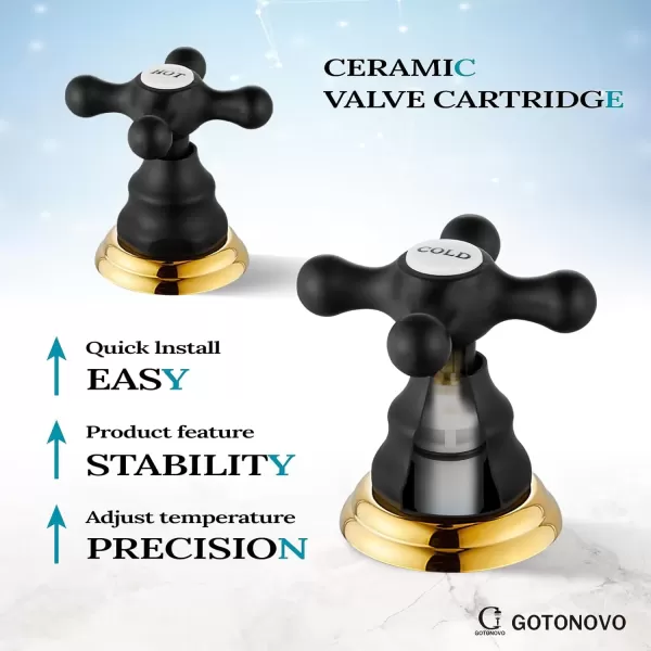 imagegotonovo Matte Black 3 Hole Bathroom Faucet 2 Cross Handles 8 Inch Widespread Bathroom Sink Faucet Deck Mount Vintage Mixer Tap with Supply Hoses and Pop Up DrainMatte Black and Polish Gold