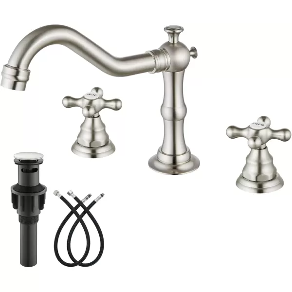 imagegotonovo Matte Black 3 Hole Bathroom Faucet 2 Cross Handles 8 Inch Widespread Bathroom Sink Faucet Deck Mount Vintage Mixer Tap with Supply Hoses and Pop Up DrainBrushed Nickel