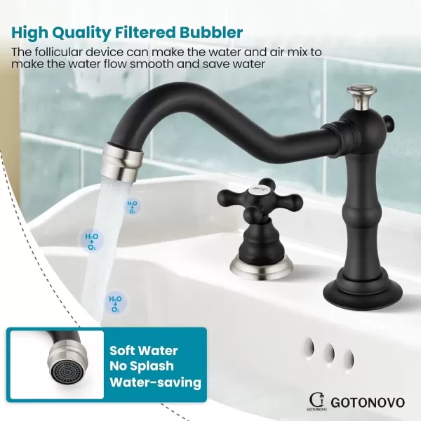 imagegotonovo Matte Black 3 Hole Bathroom Faucet 2 Cross Handles 8 Inch Widespread Bathroom Sink Faucet Deck Mount Vintage Mixer Tap with Supply Hoses and Pop Up DrainMatte Black and Brushed Nickel