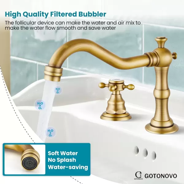imagegotonovo Matte Black 3 Hole Bathroom Faucet 2 Cross Handles 8 Inch Widespread Bathroom Sink Faucet Deck Mount Vintage Mixer Tap with Supply Hoses and Pop Up DrainAntique Brass