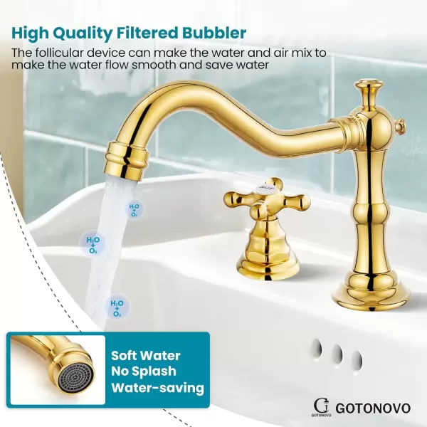 imagegotonovo Matte Black 3 Hole Bathroom Faucet 2 Cross Handles 8 Inch Widespread Bathroom Sink Faucet Deck Mount Vintage Mixer Tap with Supply Hoses and Pop Up DrainPolish Gold