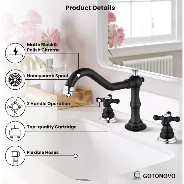 imagegotonovo Matte Black 3 Hole Bathroom Faucet 2 Cross Handles 8 Inch Widespread Bathroom Sink Faucet Deck Mount Vintage Mixer Tap with Supply Hoses and Pop Up DrainMatte Black and Polish Chrome