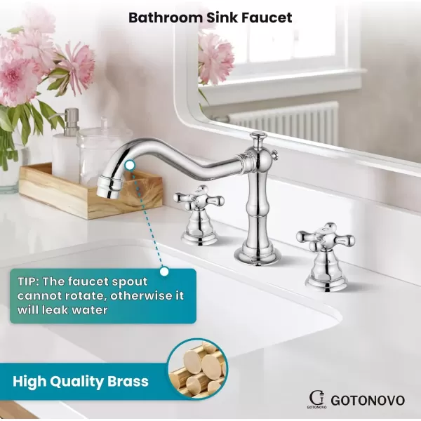 imagegotonovo Matte Black 3 Hole Bathroom Faucet 2 Cross Handles 8 Inch Widespread Bathroom Sink Faucet Deck Mount Vintage Mixer Tap with Supply Hoses and Pop Up DrainPolish Chrome