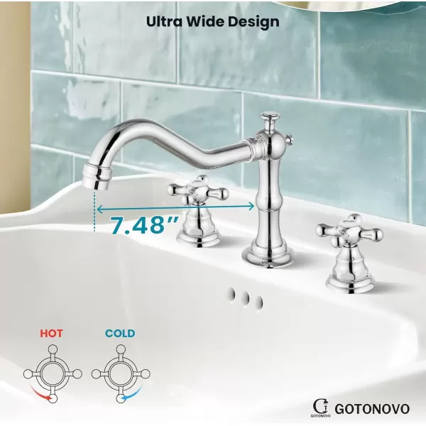 imagegotonovo Matte Black 3 Hole Bathroom Faucet 2 Cross Handles 8 Inch Widespread Bathroom Sink Faucet Deck Mount Vintage Mixer Tap with Supply Hoses and Pop Up DrainPolish Chrome