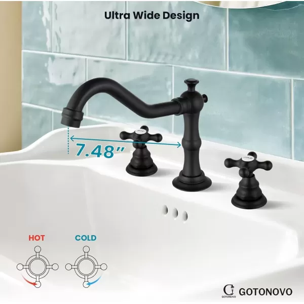 imagegotonovo Matte Black 3 Hole Bathroom Faucet 2 Cross Handles 8 Inch Widespread Bathroom Sink Faucet Deck Mount Vintage Mixer Tap with Supply Hoses and Pop Up DrainMatte Black