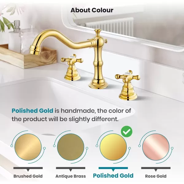 imagegotonovo Matte Black 3 Hole Bathroom Faucet 2 Cross Handles 8 Inch Widespread Bathroom Sink Faucet Deck Mount Vintage Mixer Tap with Supply Hoses and Pop Up DrainPolish Gold