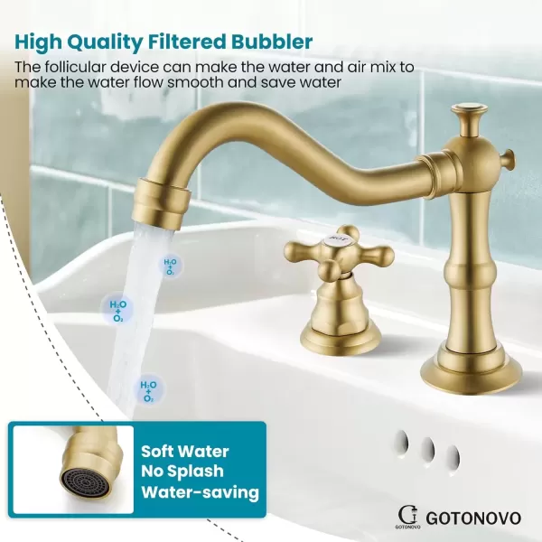 imagegotonovo Matte Black 3 Hole Bathroom Faucet 2 Cross Handles 8 Inch Widespread Bathroom Sink Faucet Deck Mount Vintage Mixer Tap with Supply Hoses and Pop Up DrainBrushed Gold