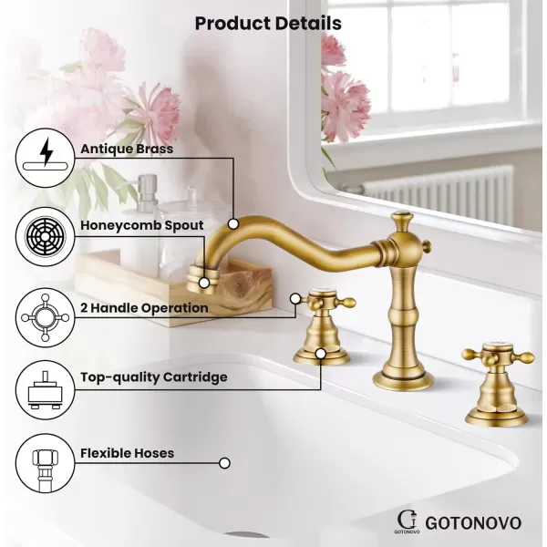 imagegotonovo Matte Black 3 Hole Bathroom Faucet 2 Cross Handles 8 Inch Widespread Bathroom Sink Faucet Deck Mount Vintage Mixer Tap with Supply Hoses and Pop Up DrainAntique Brass