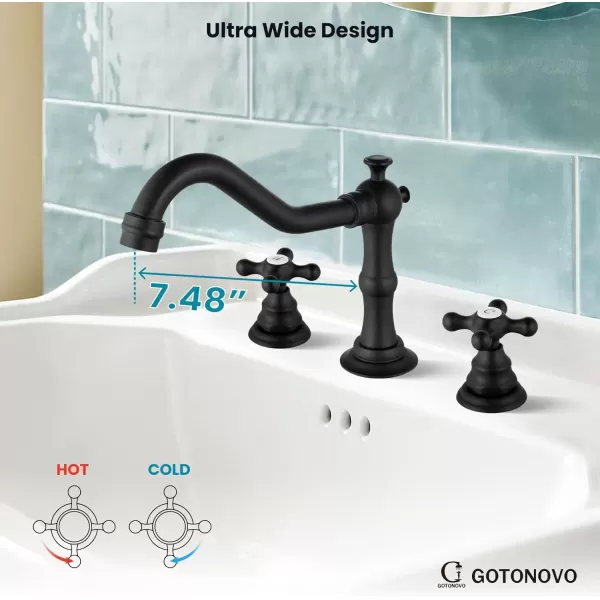 imagegotonovo Matte Black 3 Hole Bathroom Faucet 2 Cross Handles 8 Inch Widespread Bathroom Sink Faucet Deck Mount Vintage Mixer Tap with Supply Hoses and Pop Up DrainMatte Black