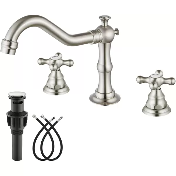 imagegotonovo Matte Black 3 Hole Bathroom Faucet 2 Cross Handles 8 Inch Widespread Bathroom Sink Faucet Deck Mount Vintage Mixer Tap with Supply Hoses and Pop Up DrainBrushed Nickel