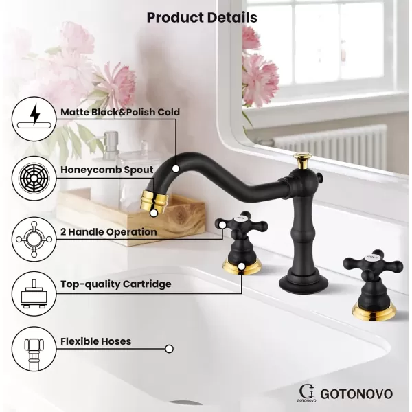 imagegotonovo Matte Black 3 Hole Bathroom Faucet 2 Cross Handles 8 Inch Widespread Bathroom Sink Faucet Deck Mount Vintage Mixer Tap with Supply Hoses and Pop Up DrainMatte Black and Polish Gold