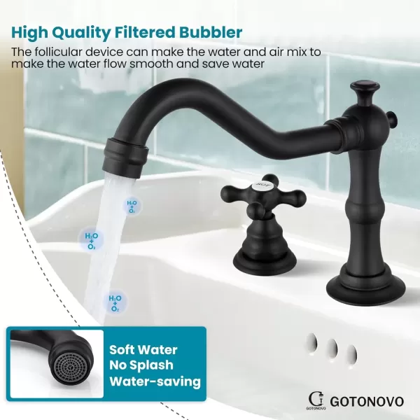 imagegotonovo Matte Black 3 Hole Bathroom Faucet 2 Cross Handles 8 Inch Widespread Bathroom Sink Faucet Deck Mount Vintage Mixer Tap with Supply Hoses and Pop Up DrainMatte Black