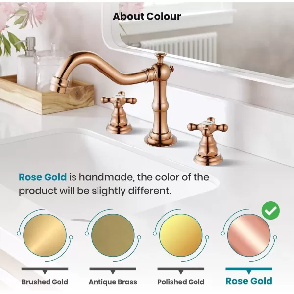 imagegotonovo Matte Black 3 Hole Bathroom Faucet 2 Cross Handles 8 Inch Widespread Bathroom Sink Faucet Deck Mount Vintage Mixer Tap with Supply Hoses and Pop Up DrainRose Gold