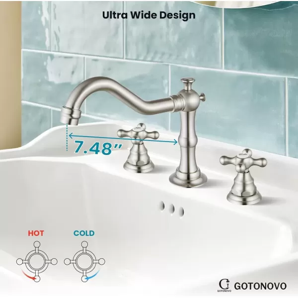 imagegotonovo Matte Black 3 Hole Bathroom Faucet 2 Cross Handles 8 Inch Widespread Bathroom Sink Faucet Deck Mount Vintage Mixer Tap with Supply Hoses and Pop Up DrainBrushed Nickel