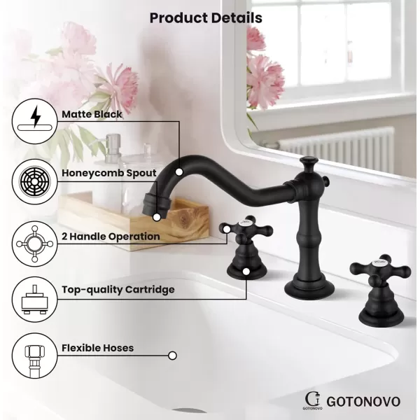 imagegotonovo Matte Black 3 Hole Bathroom Faucet 2 Cross Handles 8 Inch Widespread Bathroom Sink Faucet Deck Mount Vintage Mixer Tap with Supply Hoses and Pop Up DrainMatte Black
