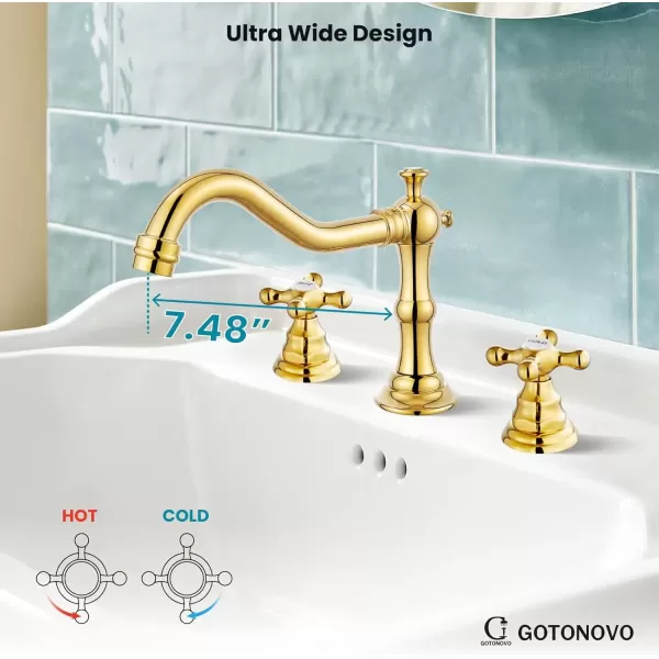 imagegotonovo Matte Black 3 Hole Bathroom Faucet 2 Cross Handles 8 Inch Widespread Bathroom Sink Faucet Deck Mount Vintage Mixer Tap with Supply Hoses and Pop Up DrainPolish Gold