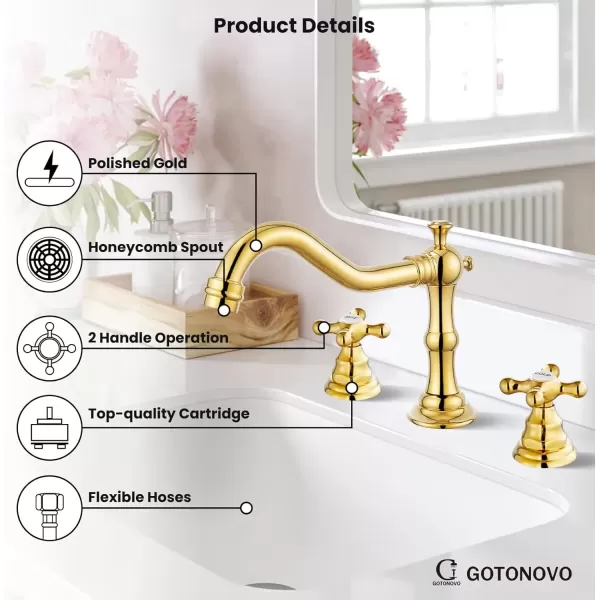 imagegotonovo Matte Black 3 Hole Bathroom Faucet 2 Cross Handles 8 Inch Widespread Bathroom Sink Faucet Deck Mount Vintage Mixer Tap with Supply Hoses and Pop Up DrainPolish Gold