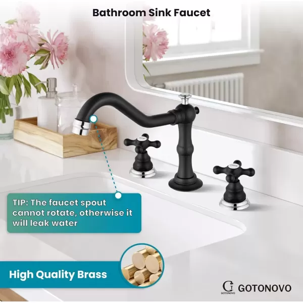 imagegotonovo Matte Black 3 Hole Bathroom Faucet 2 Cross Handles 8 Inch Widespread Bathroom Sink Faucet Deck Mount Vintage Mixer Tap with Supply Hoses and Pop Up DrainMatte Black and Polish Chrome