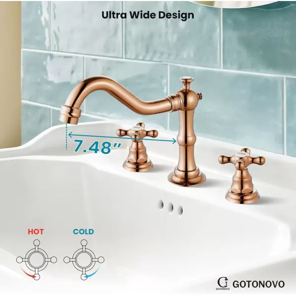 imagegotonovo Matte Black 3 Hole Bathroom Faucet 2 Cross Handles 8 Inch Widespread Bathroom Sink Faucet Deck Mount Vintage Mixer Tap with Supply Hoses and Pop Up DrainRose Gold