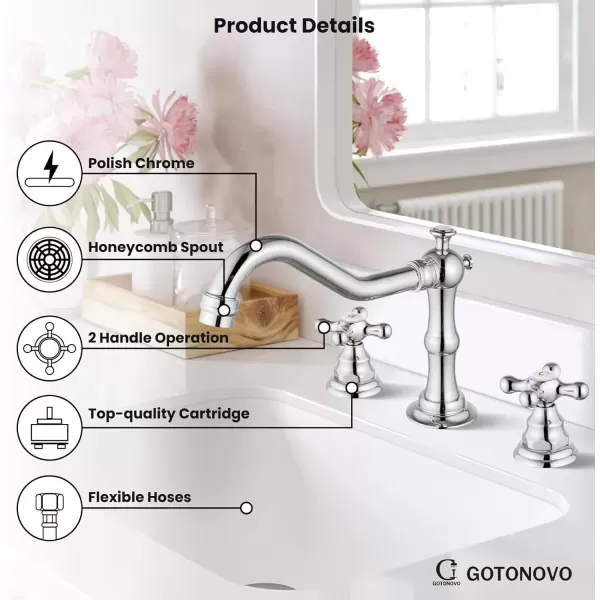 imagegotonovo Matte Black 3 Hole Bathroom Faucet 2 Cross Handles 8 Inch Widespread Bathroom Sink Faucet Deck Mount Vintage Mixer Tap with Supply Hoses and Pop Up DrainPolish Chrome