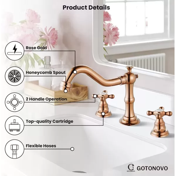 imagegotonovo Matte Black 3 Hole Bathroom Faucet 2 Cross Handles 8 Inch Widespread Bathroom Sink Faucet Deck Mount Vintage Mixer Tap with Supply Hoses and Pop Up DrainRose Gold
