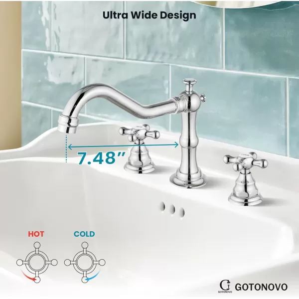 imagegotonovo Matte Black 3 Hole Bathroom Faucet 2 Cross Handles 8 Inch Widespread Bathroom Sink Faucet Deck Mount Vintage Mixer Tap with Supply Hoses and Pop Up DrainPolish Chrome