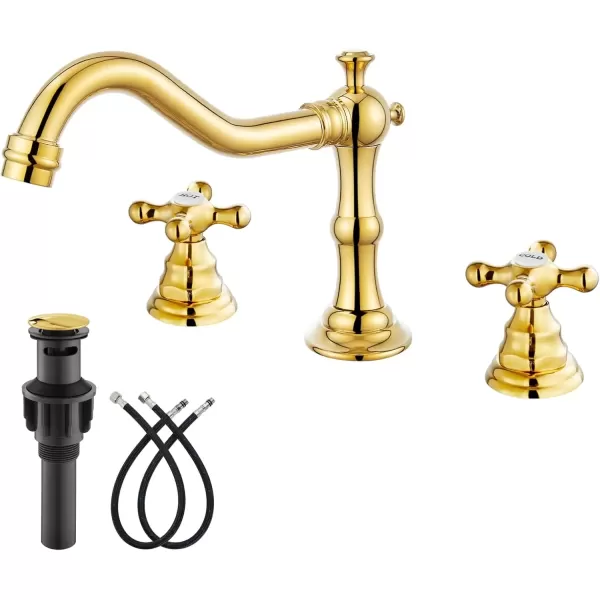 imagegotonovo Matte Black 3 Hole Bathroom Faucet 2 Cross Handles 8 Inch Widespread Bathroom Sink Faucet Deck Mount Vintage Mixer Tap with Supply Hoses and Pop Up DrainPolish Gold