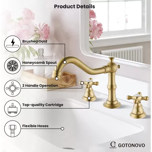 imagegotonovo Matte Black 3 Hole Bathroom Faucet 2 Cross Handles 8 Inch Widespread Bathroom Sink Faucet Deck Mount Vintage Mixer Tap with Supply Hoses and Pop Up DrainBrushed Gold