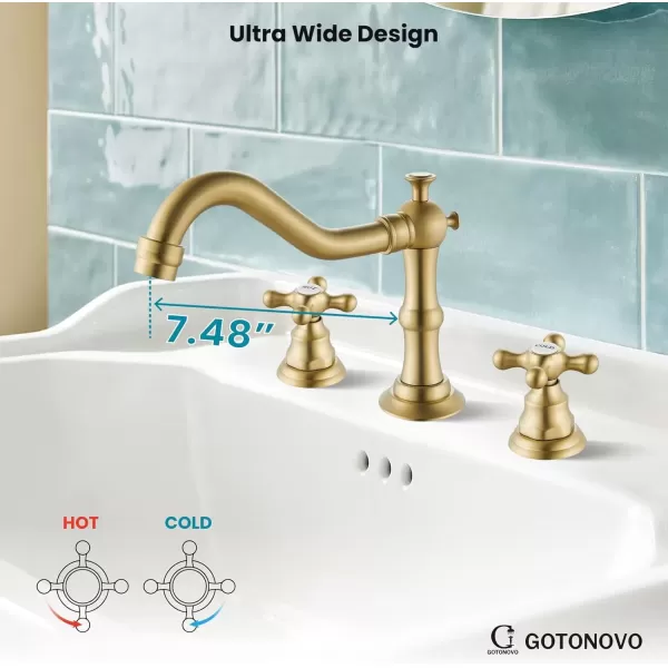 imagegotonovo Matte Black 3 Hole Bathroom Faucet 2 Cross Handles 8 Inch Widespread Bathroom Sink Faucet Deck Mount Vintage Mixer Tap with Supply Hoses and Pop Up DrainBrushed Gold