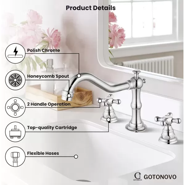 imagegotonovo Matte Black 3 Hole Bathroom Faucet 2 Cross Handles 8 Inch Widespread Bathroom Sink Faucet Deck Mount Vintage Mixer Tap with Supply Hoses and Pop Up DrainPolish Chrome