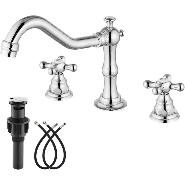 imagegotonovo Matte Black 3 Hole Bathroom Faucet 2 Cross Handles 8 Inch Widespread Bathroom Sink Faucet Deck Mount Vintage Mixer Tap with Supply Hoses and Pop Up DrainPolish Chrome